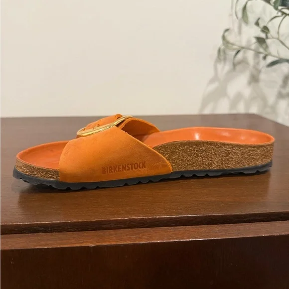 Birkenstock Madrid Big Buckle | Tan/Orange Slides with Gold Buckle - Picture 7 of 15